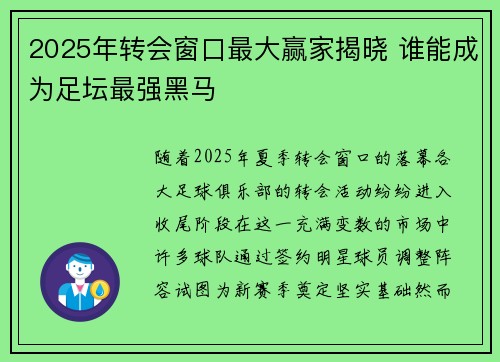 2025年转会窗口最大赢家揭晓 谁能成为足坛最强黑马 2025年转会窗口最大赢家揭晓 谁能成为足坛最强黑马
