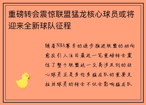 重磅转会震惊联盟猛龙核心球员或将迎来全新球队征程 重磅转会震惊联盟猛龙核心球员或将迎来全新球队征程